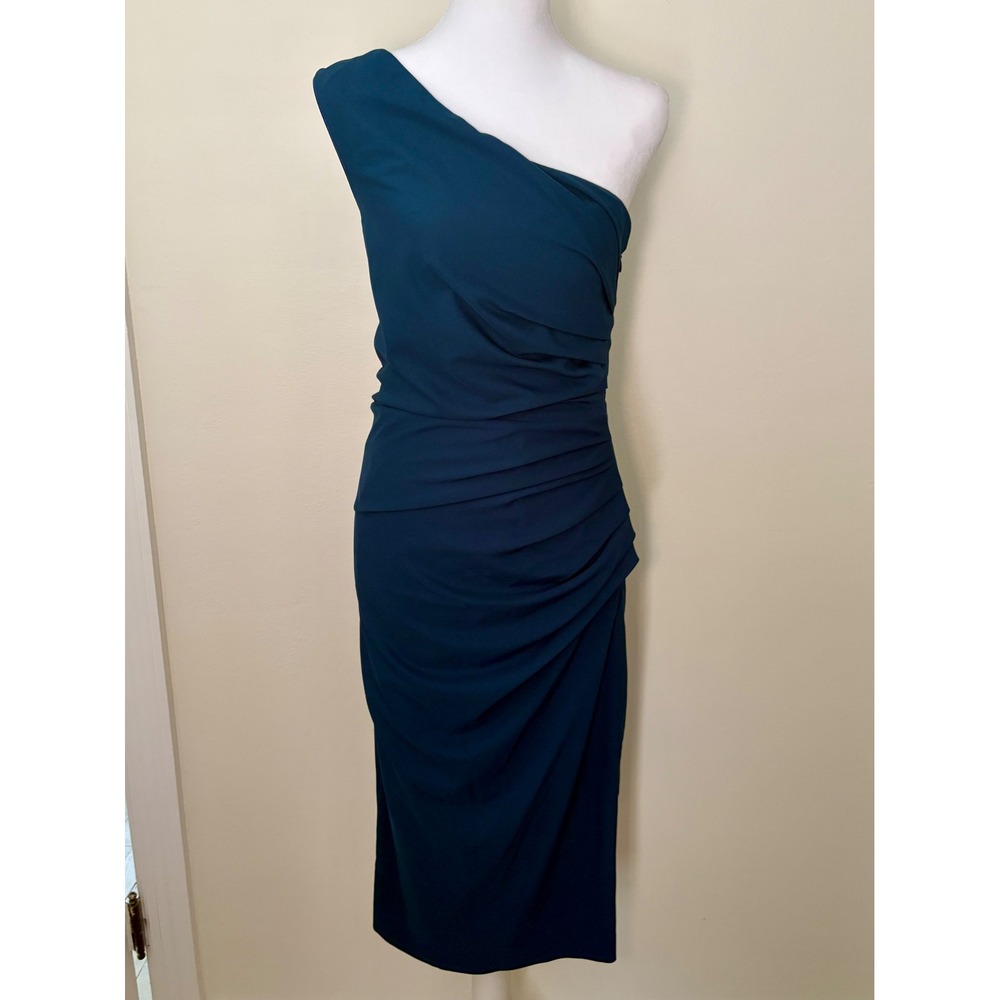 Dress The Population Teal Blue One Shoulder Ruched Midi Dress Size M